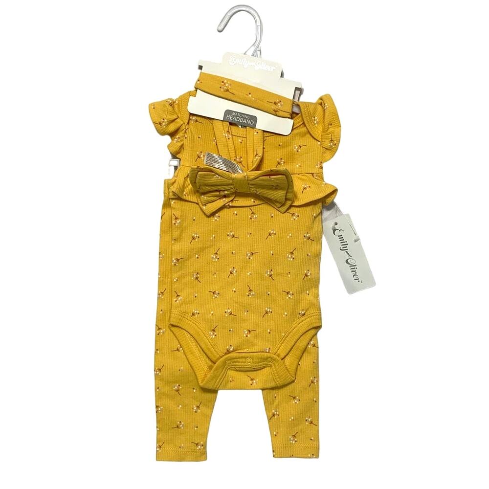Emily and Oliver Floral Ribbed 3 Piece Set NWT Baby Sz 3-6 Months Yellow Cotton